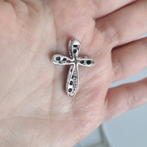 Vintage 10K Luxury White Gold Black White Clear Diamond Crystal Cross Pendant - Picture 7 of 12